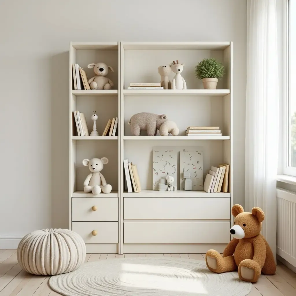 a photo of a nursery showcasing a charming nature-themed bookshelf