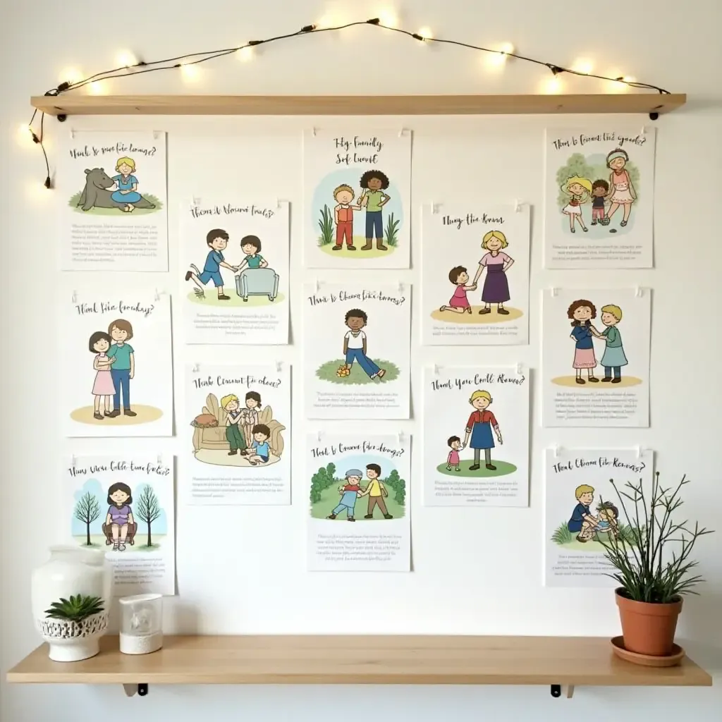 a photo of a family story wall featuring illustrated narratives