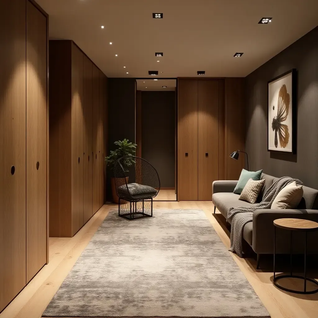 a photo of a trendy basement featuring fabric rugs, wooden paneling, and metal sculptures