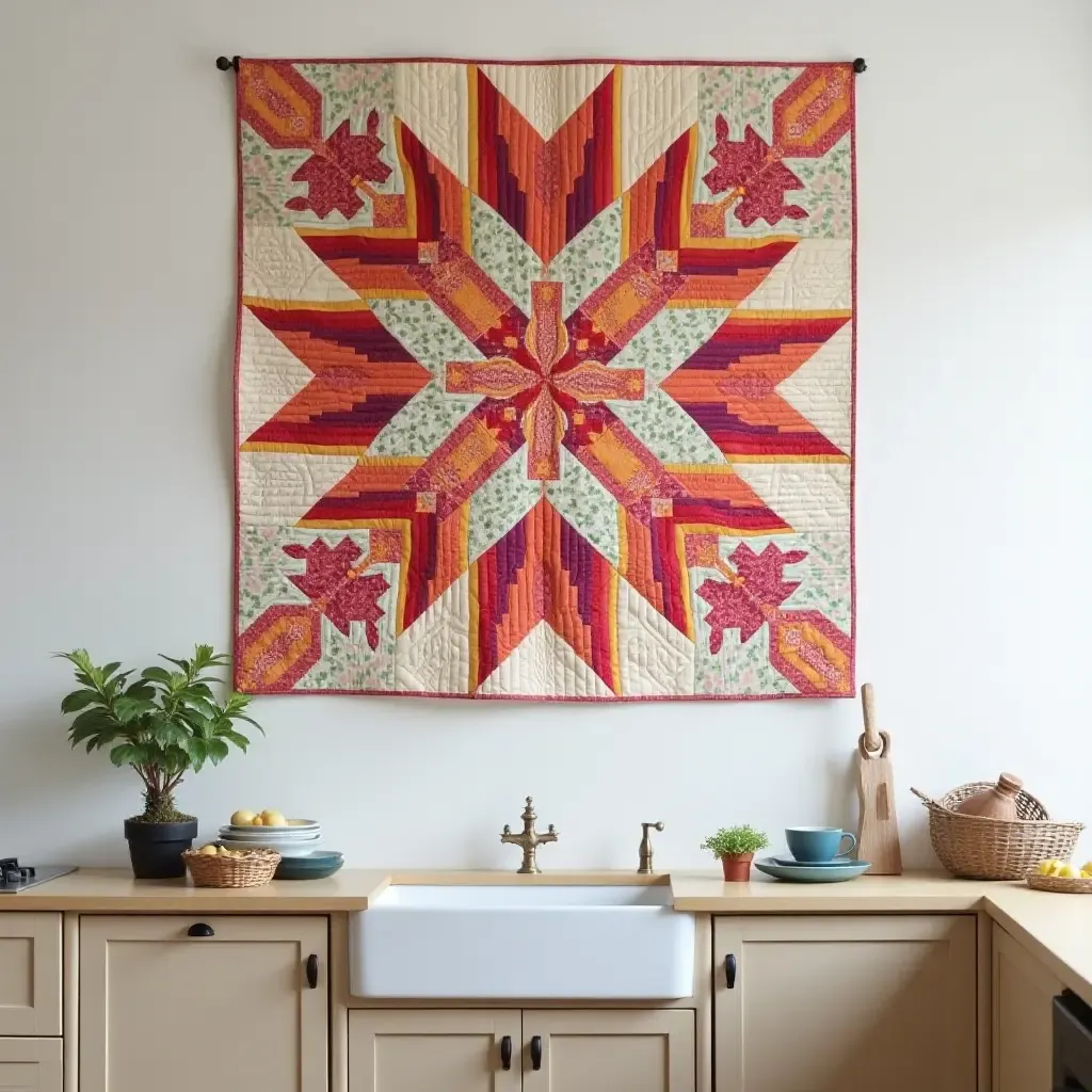 a photo of a colorful quilt hanging on a kitchen wall