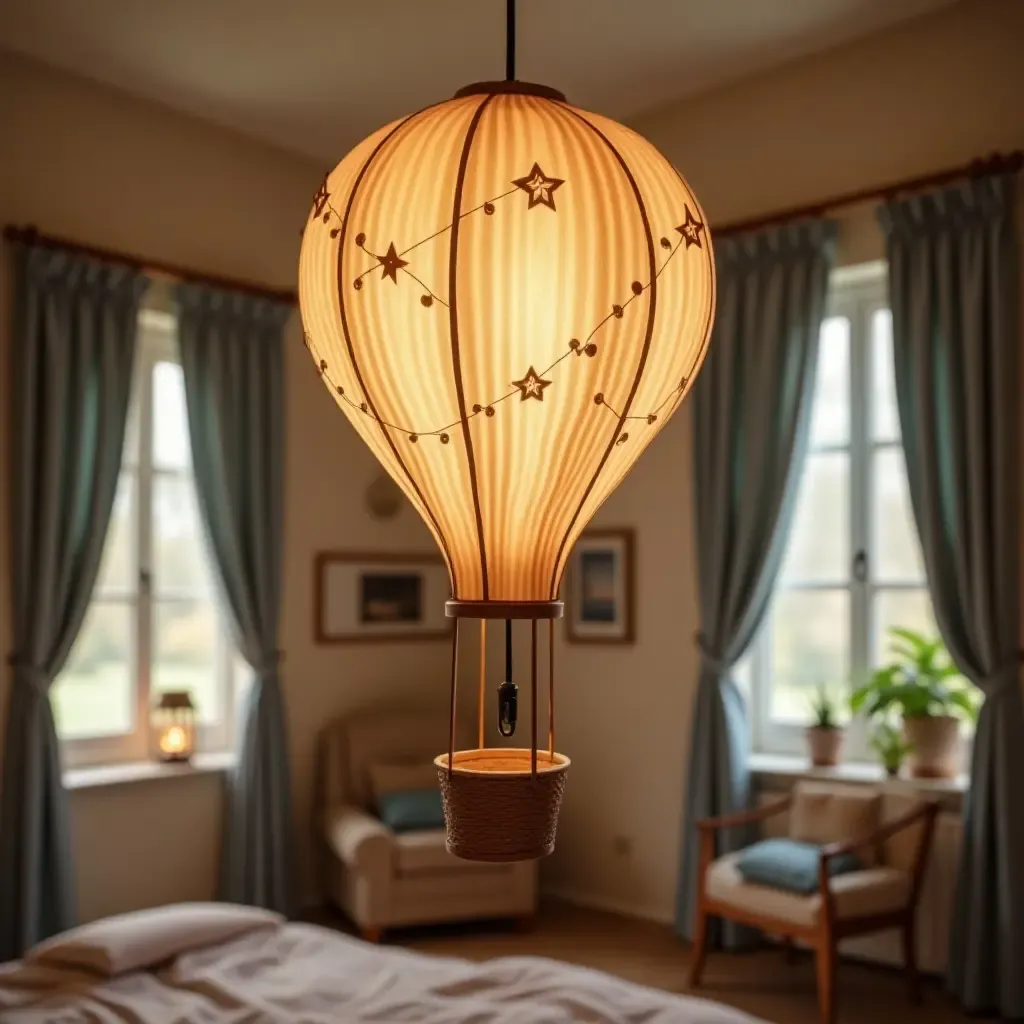 a photo of a whimsical hot air balloon pendant light in a dreamy room