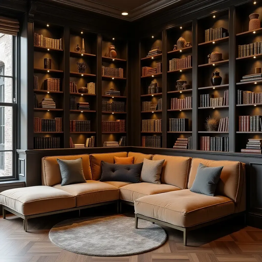 a photo of a library featuring a cozy corner with industrial-style cushions