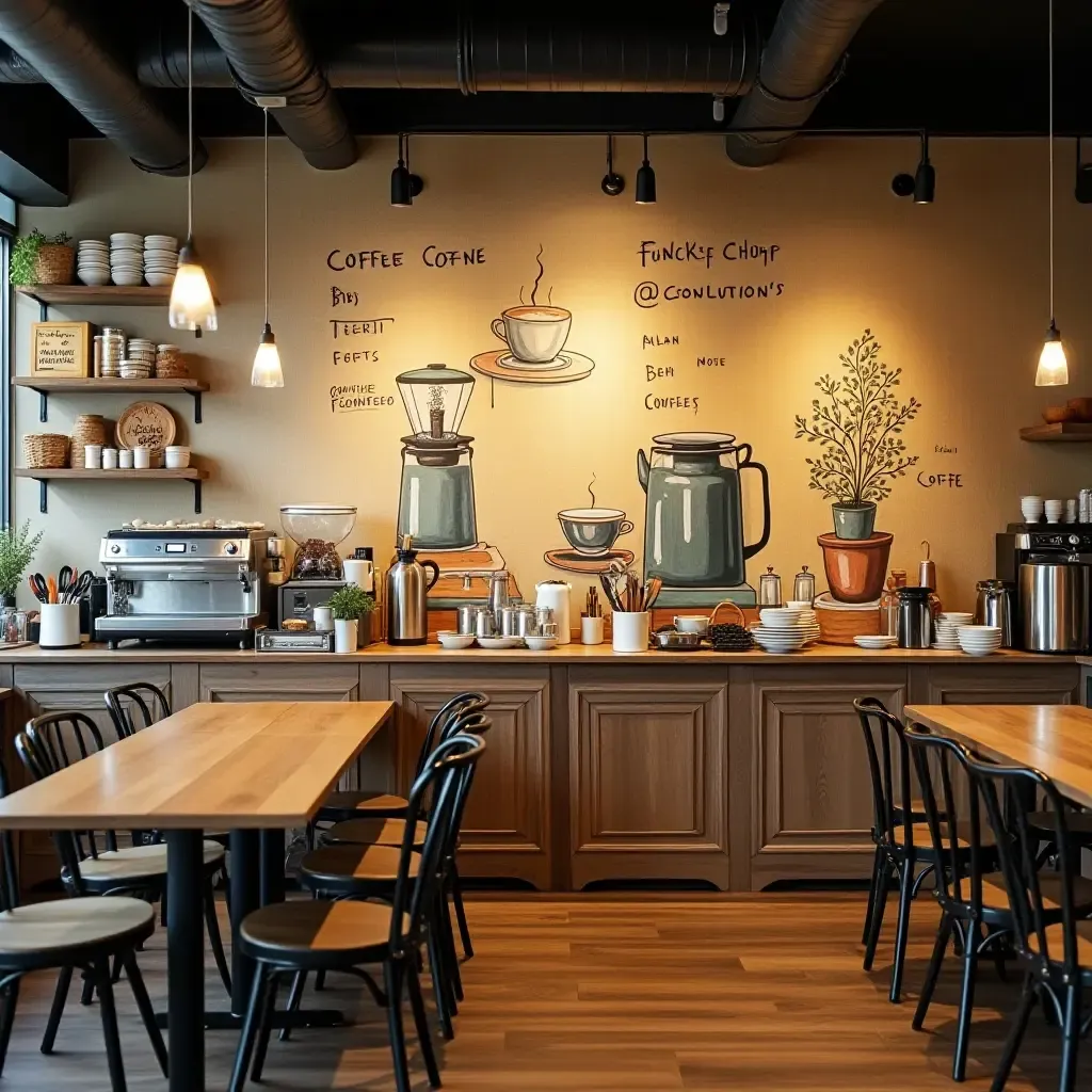 a photo of a large mural depicting a coffee scene in a cafe-style kitchen