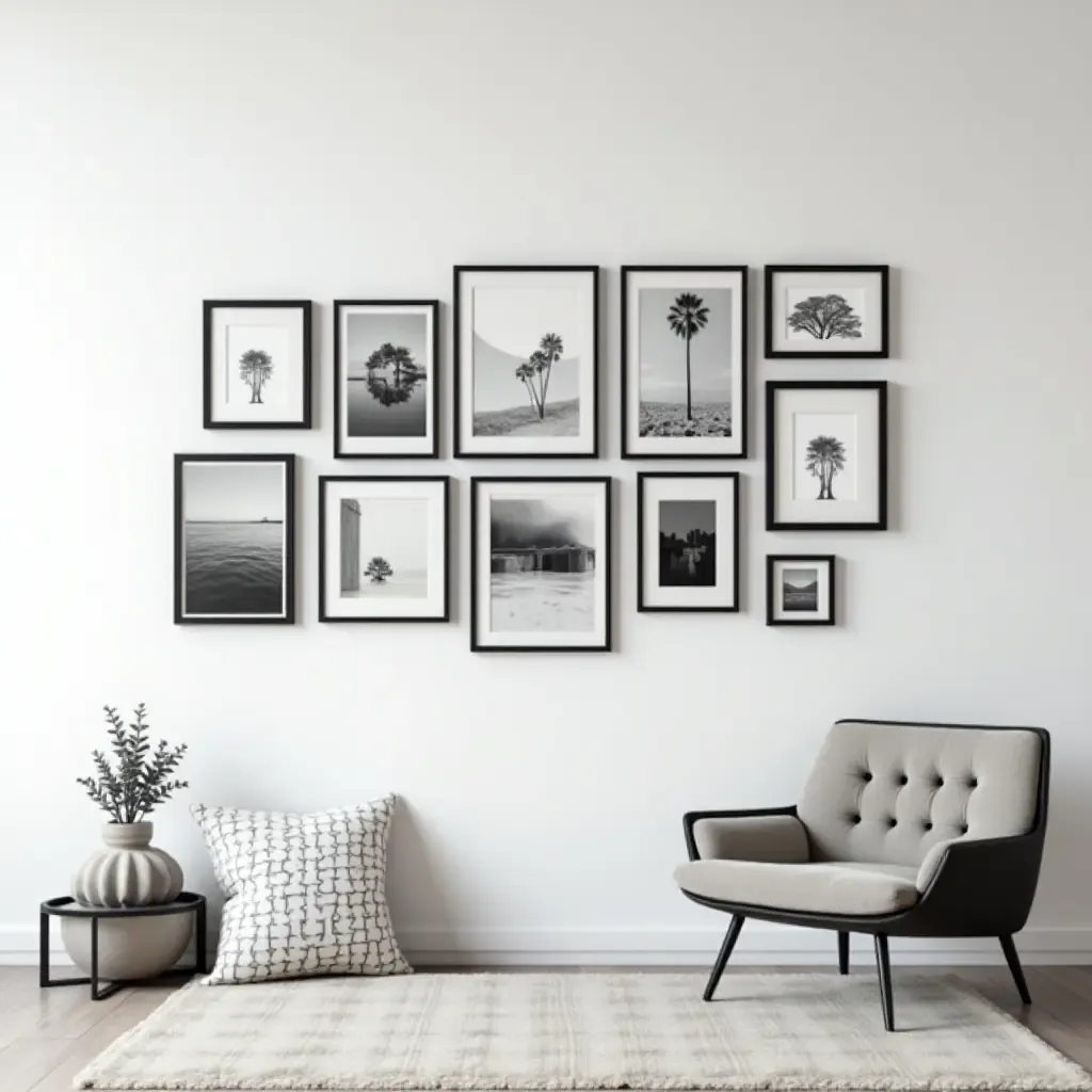 a photo of a monochrome gallery wall with all black frames and artwork