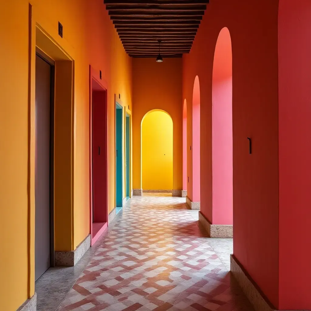 a photo of a vibrant corridor showcasing bold Mediterranean colors and textures