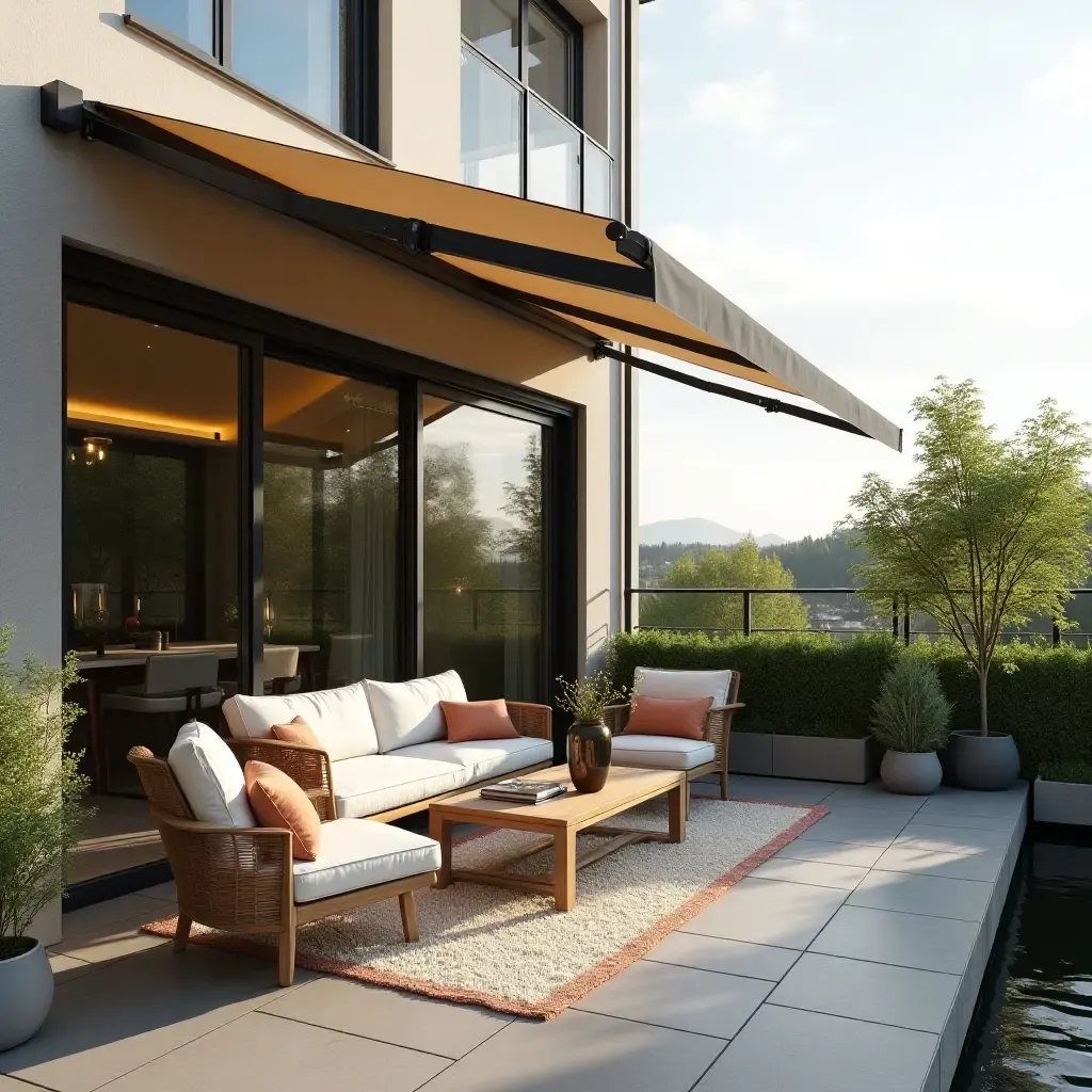 a photo of a balcony with a retractable awning and chic furniture