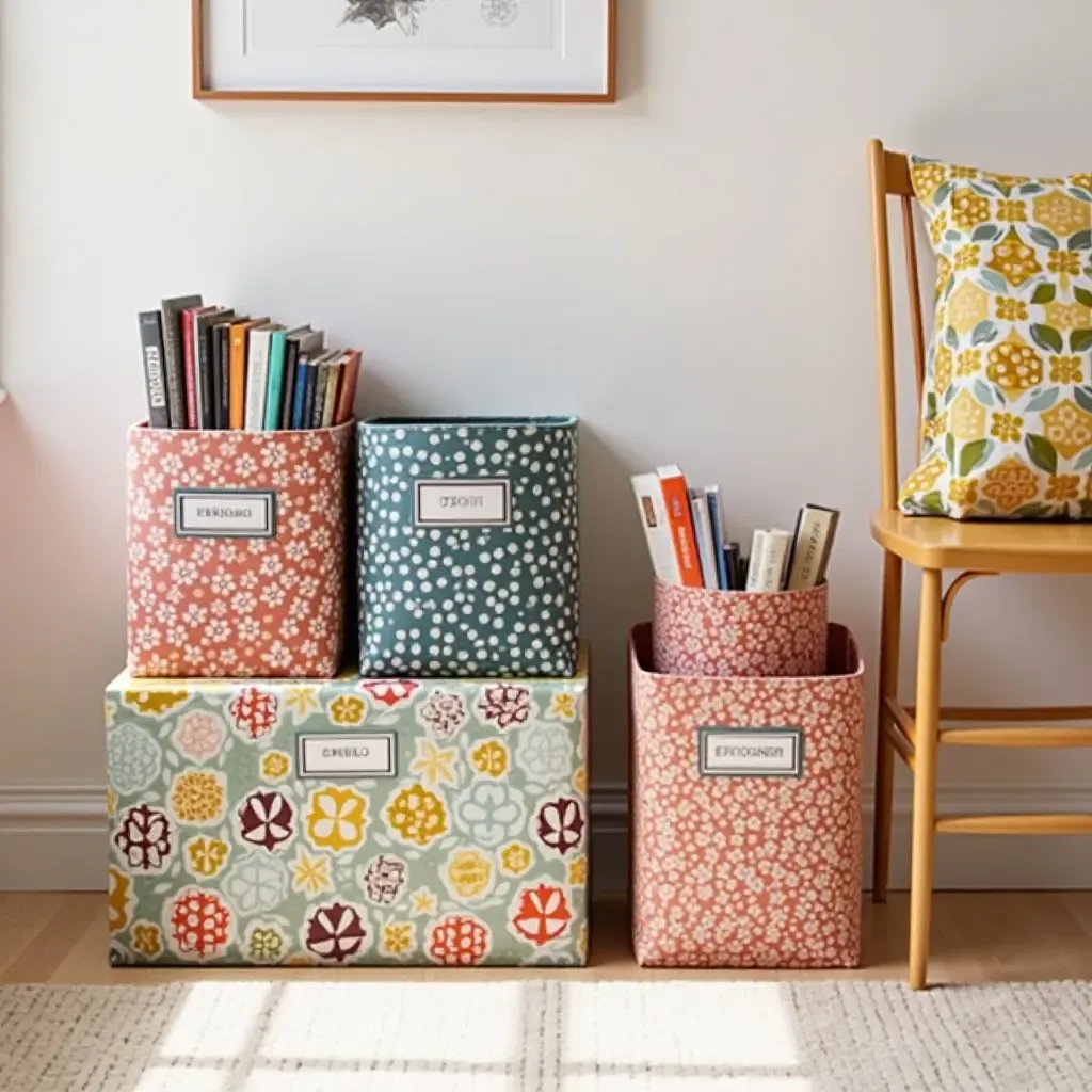 a photo of colorful fabric bins for organizing books