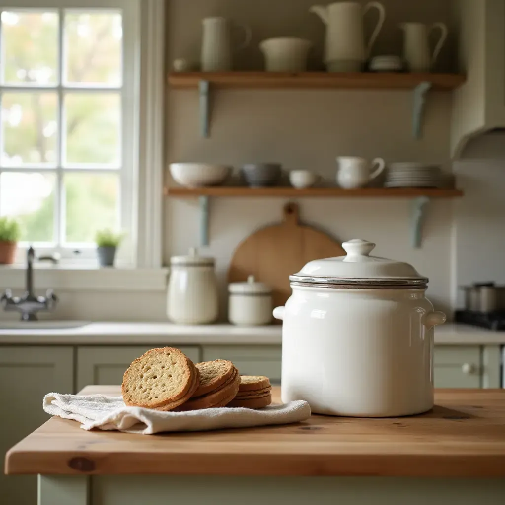 a photo of a charming kitchen with a vintage breadbox and cookie jar