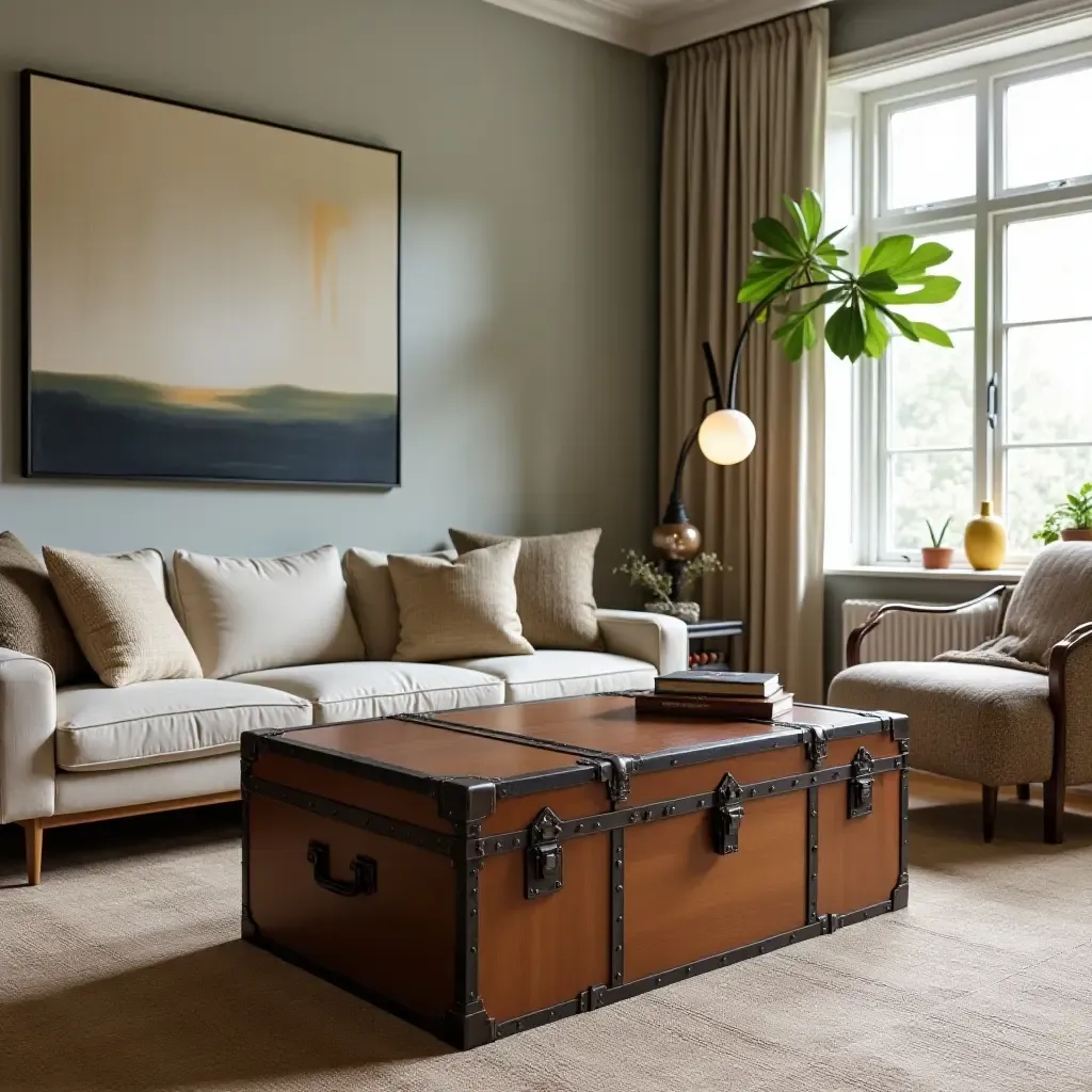 a photo of a living room featuring a vintage trunk as a coffee table