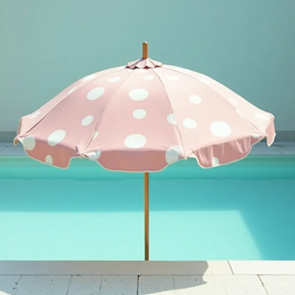 a photo of a classic beach umbrella with polka dots by the pool