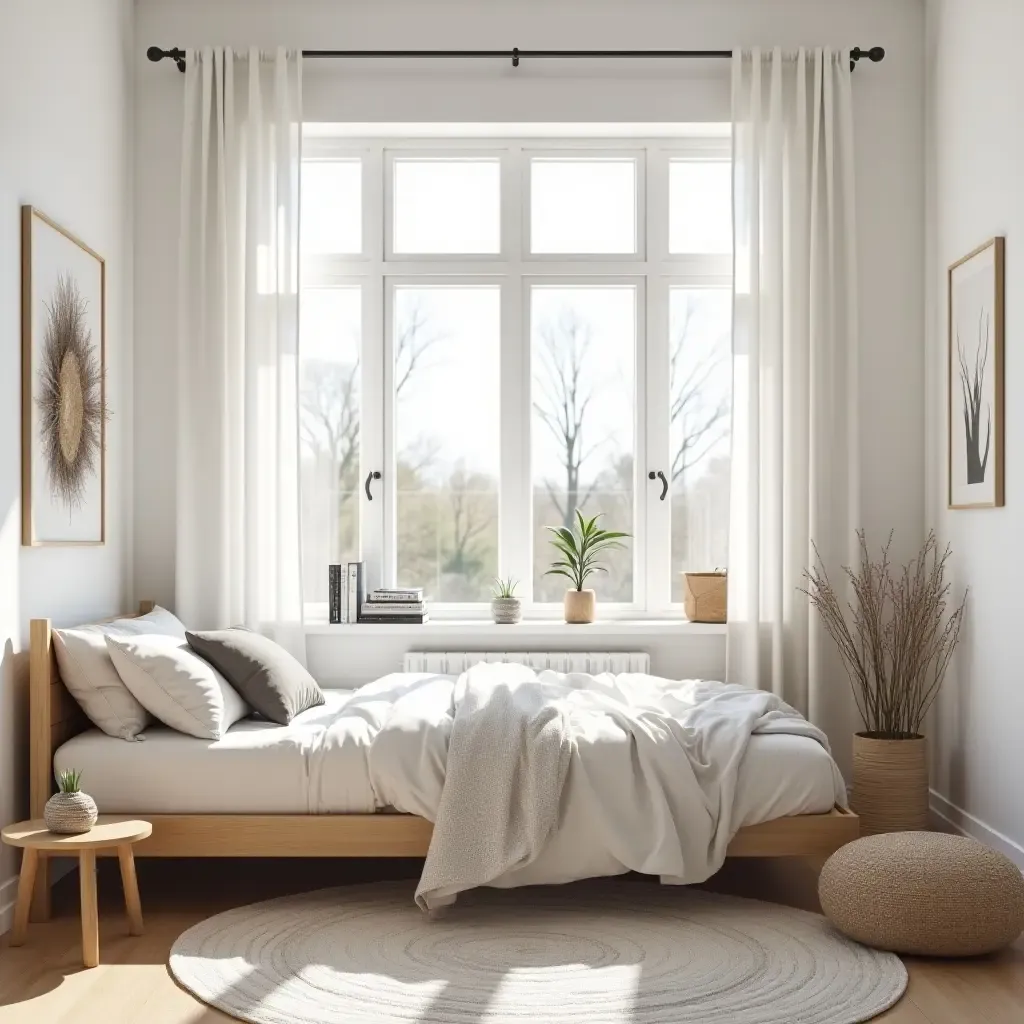 a photo of a bright teen bedroom featuring Scandinavian decor and a large window