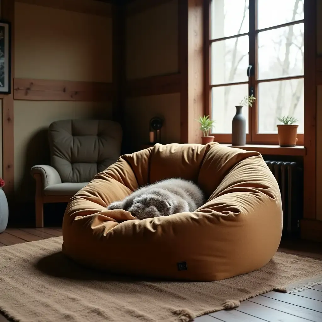 a photo of a playful, oversized bean bag in a rugged-themed room