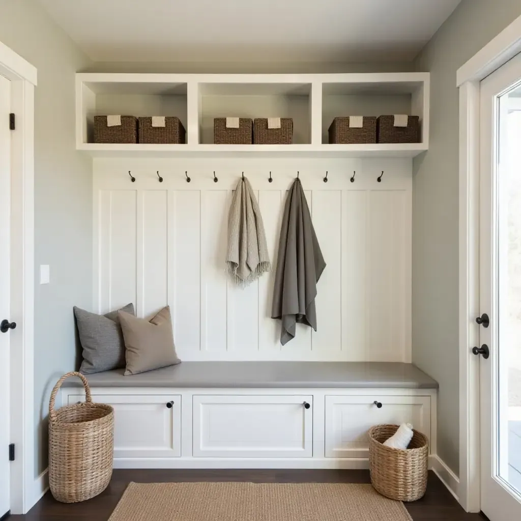 a photo of an inviting mudroom with built-in storage and cozy decor