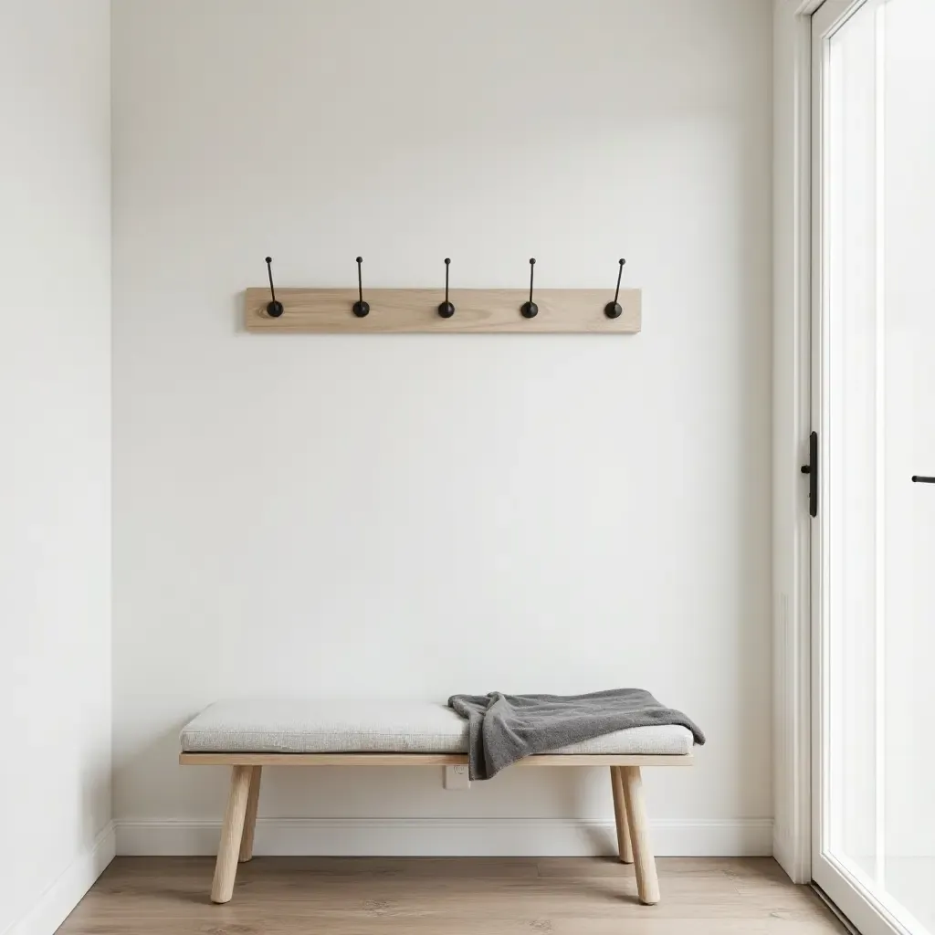 a photo of a Scandinavian-style hallway with a minimalist bench and wall hooks