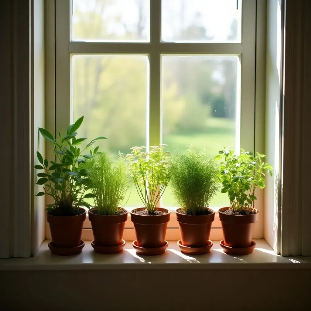 a photo of potted herbs on a windowsill in a bright, sunny bedroom