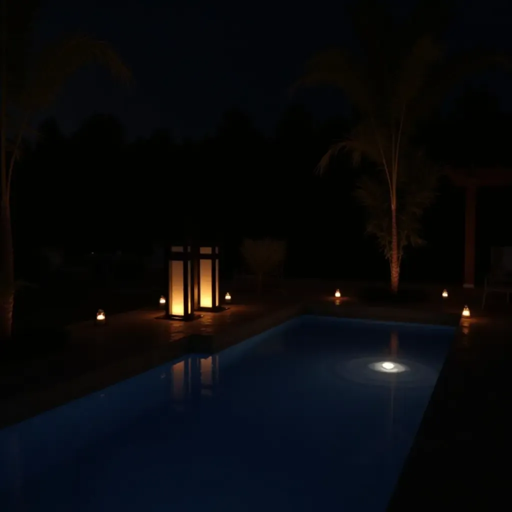 a photo of decorative lanterns and plants around a nighttime pool