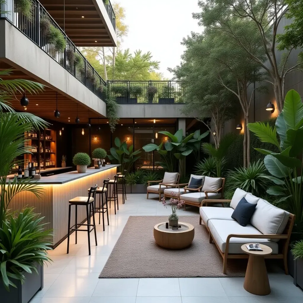 a photo of a balcony with a stylish outdoor bar surrounded by greenery