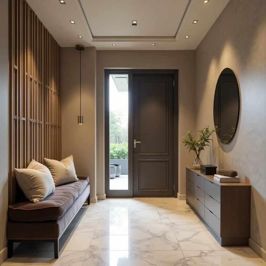 a photo of an elegant entrance area with a velvet bench and accent pillows