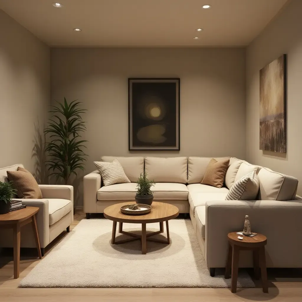 a photo of a basement retreat area with comfortable seating and calming decor