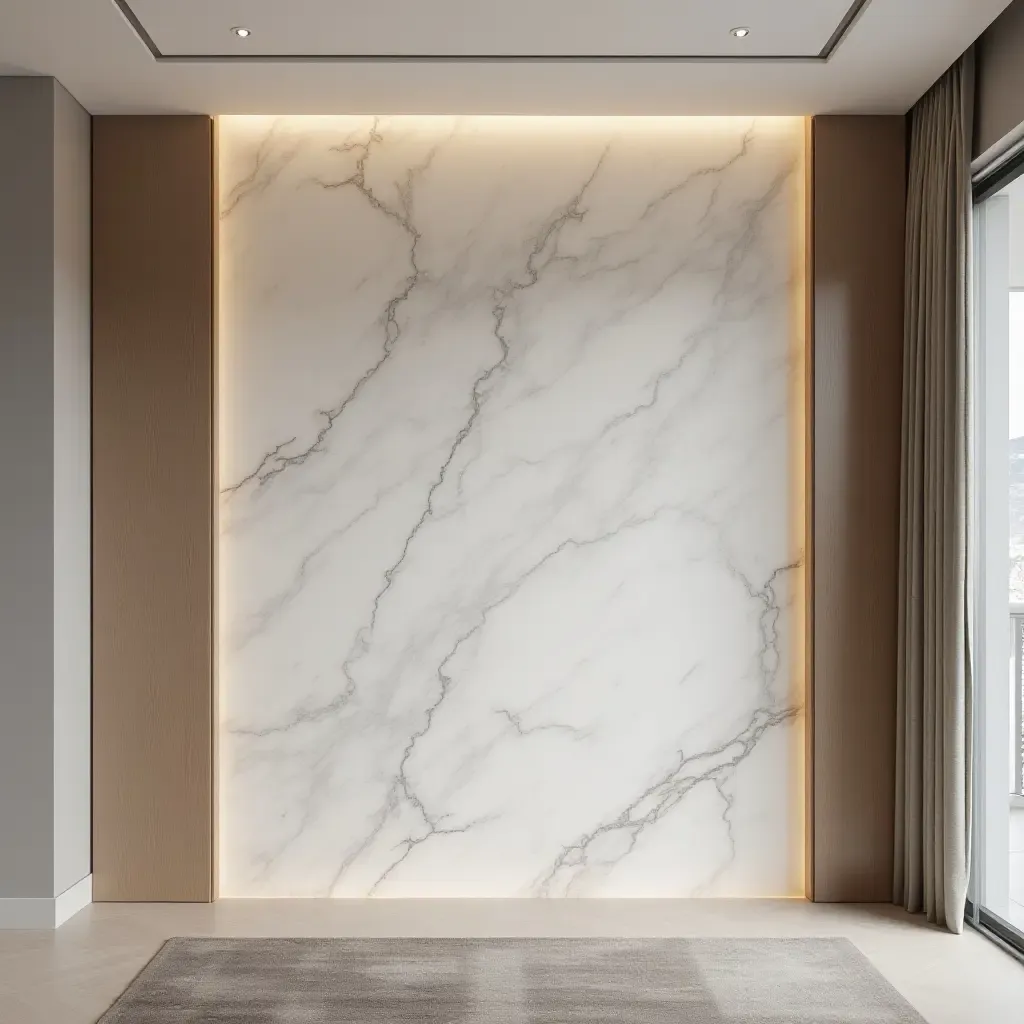 a photo of a marble accent wall in a stylish basement