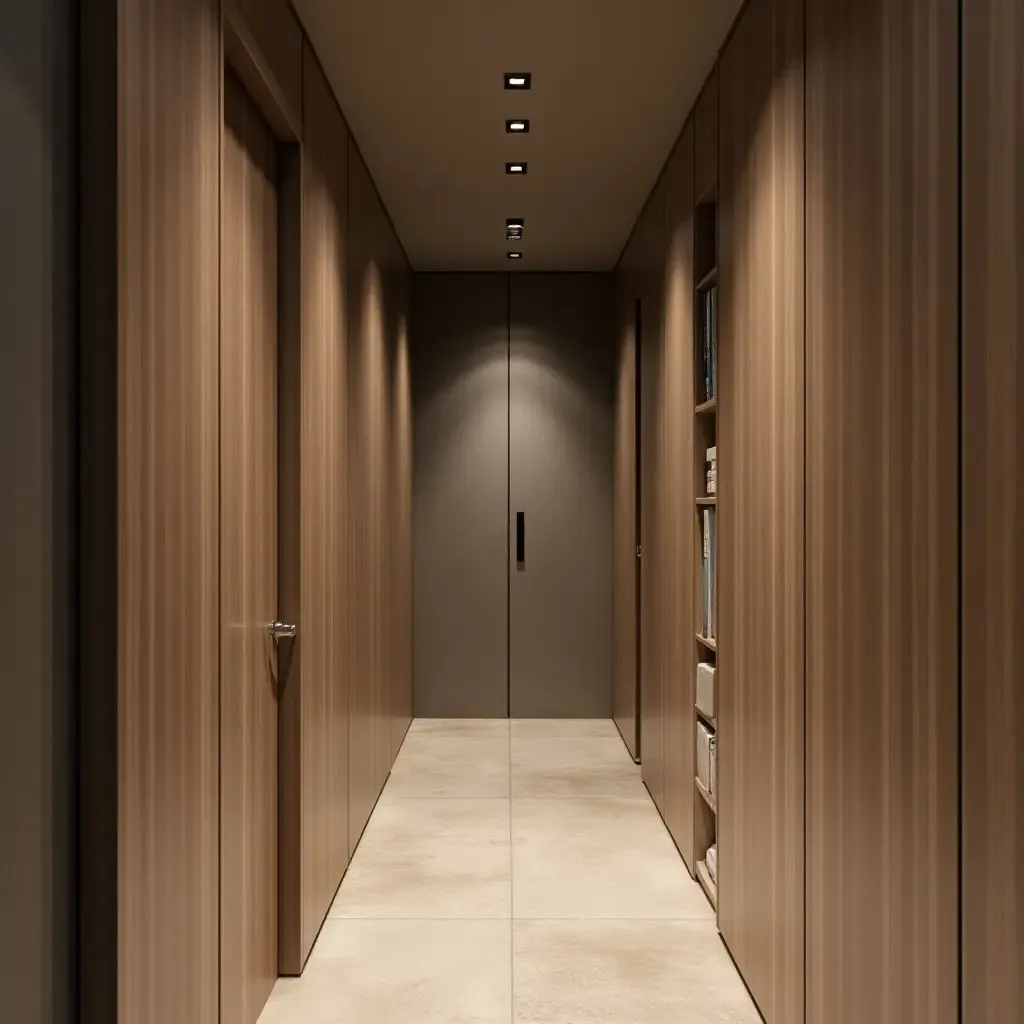 a photo of a narrow corridor featuring a compact workout area