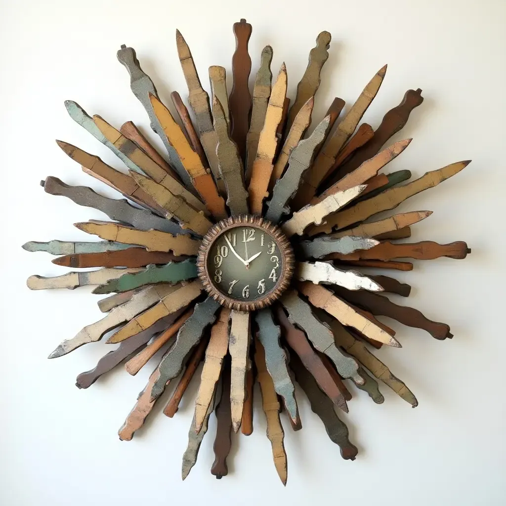 a photo of a unique wall sculpture made from recycled materials