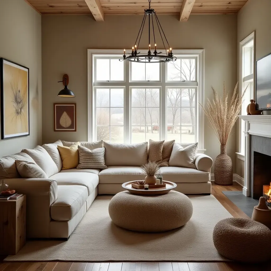 a photo of a cozy farmhouse living room with oversized pillows and warm textiles