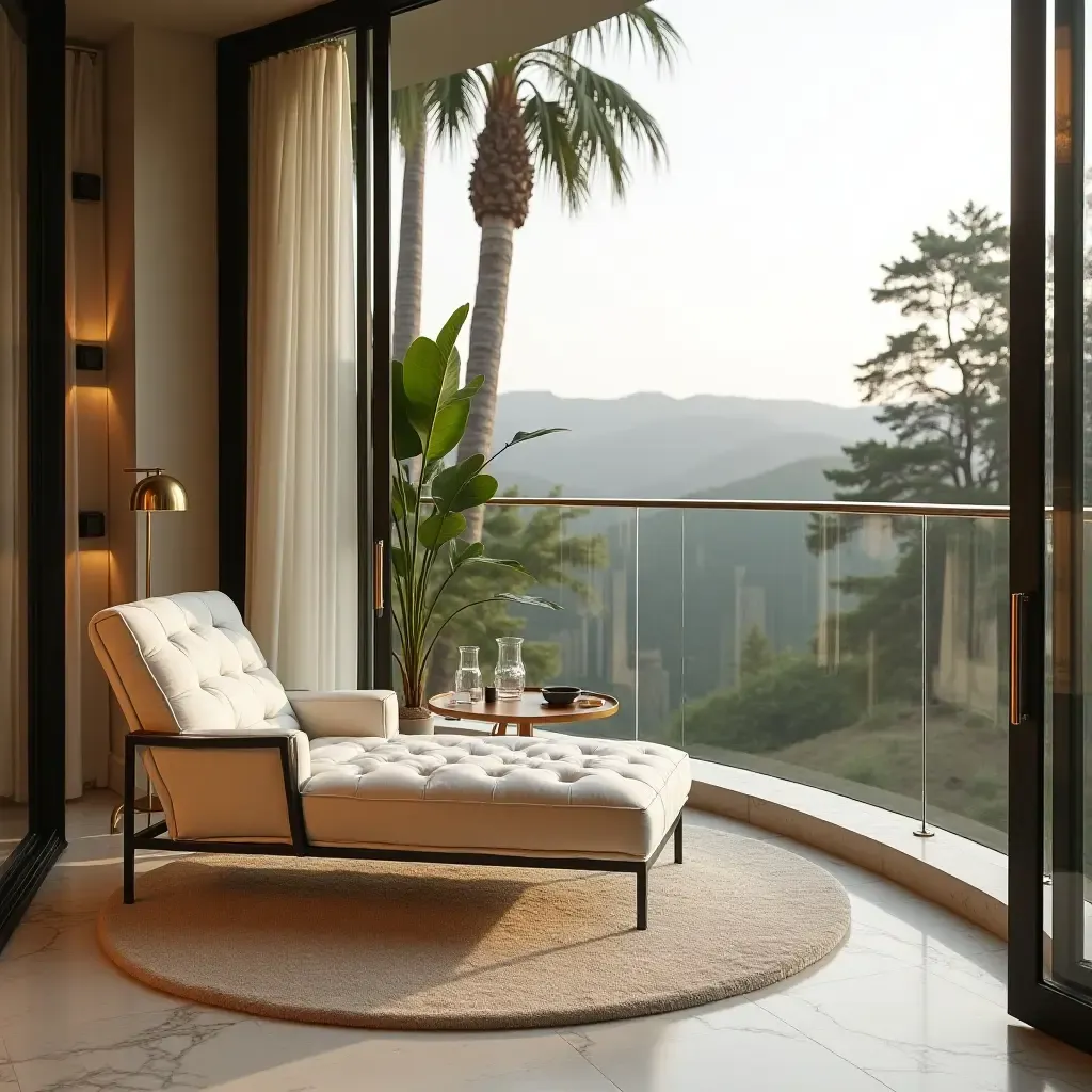 a photo of a glamorous balcony with gold accents and a plush lounge chair