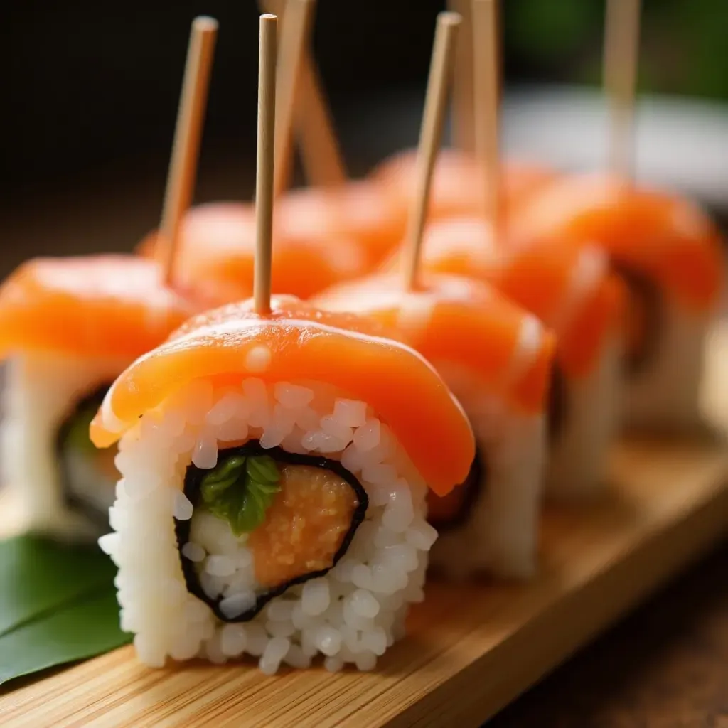 a photo of sushi skewers with alternating pieces of fish, rice, and vegetables on sticks.