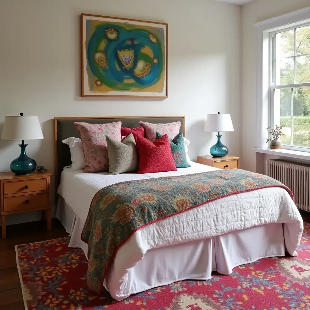 a photo of a colorful eclectic bedroom with mismatched throw pillows