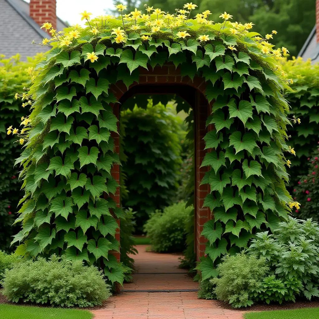 a photo of a vibrant garden trellis covered in climbing vines