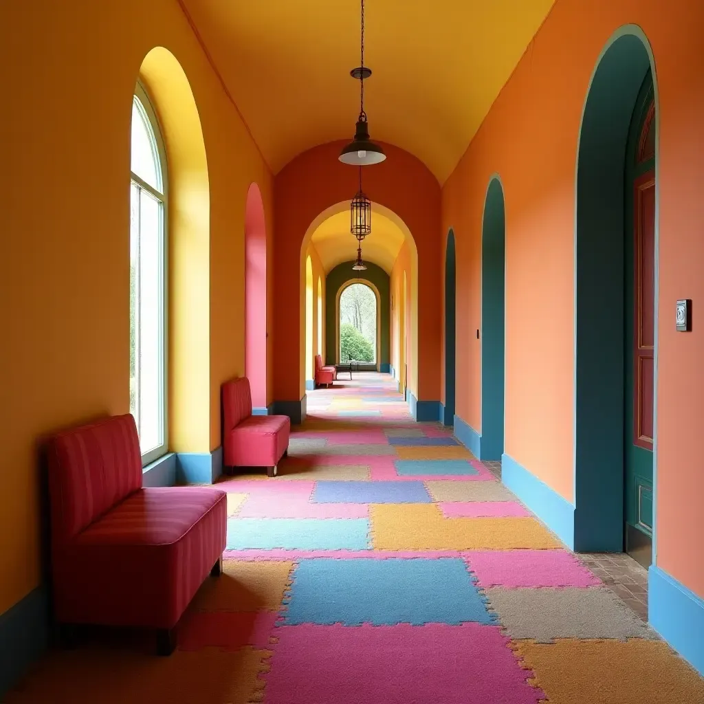 a photo of a colorful corridor with a patchwork rug and seating