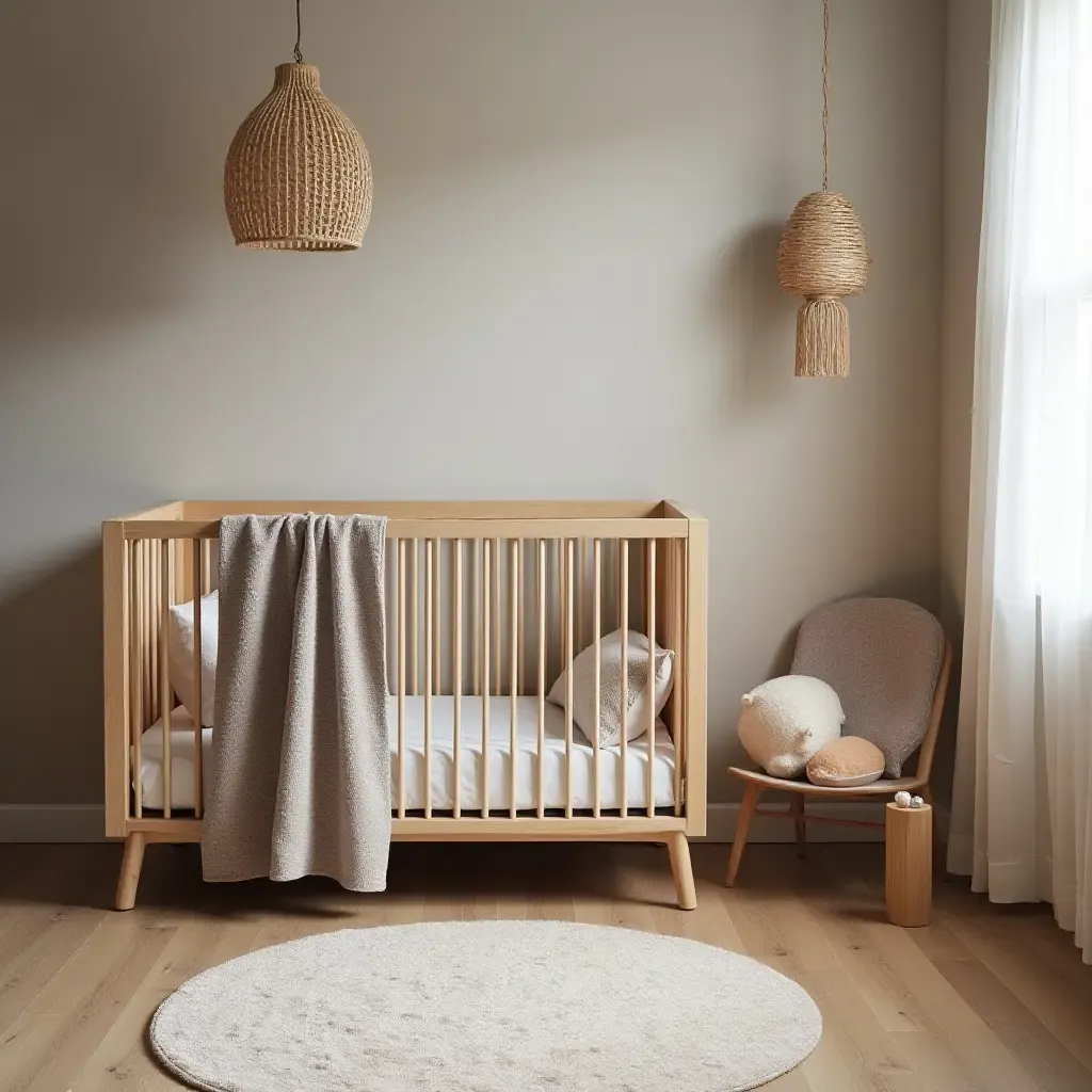 a photo of a nursery featuring a mix of wood, fabric, and metal colors