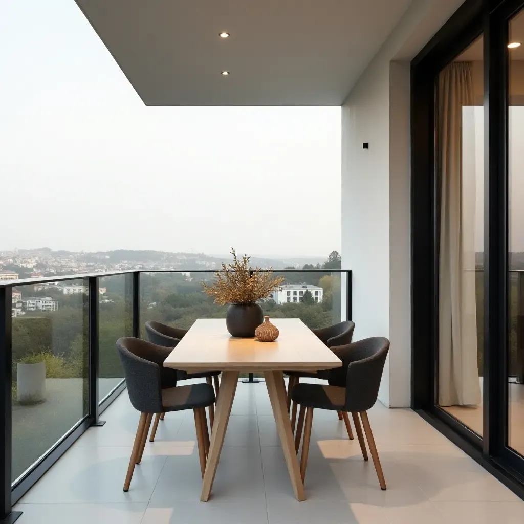 a photo of a chic balcony featuring a minimalist dining setup