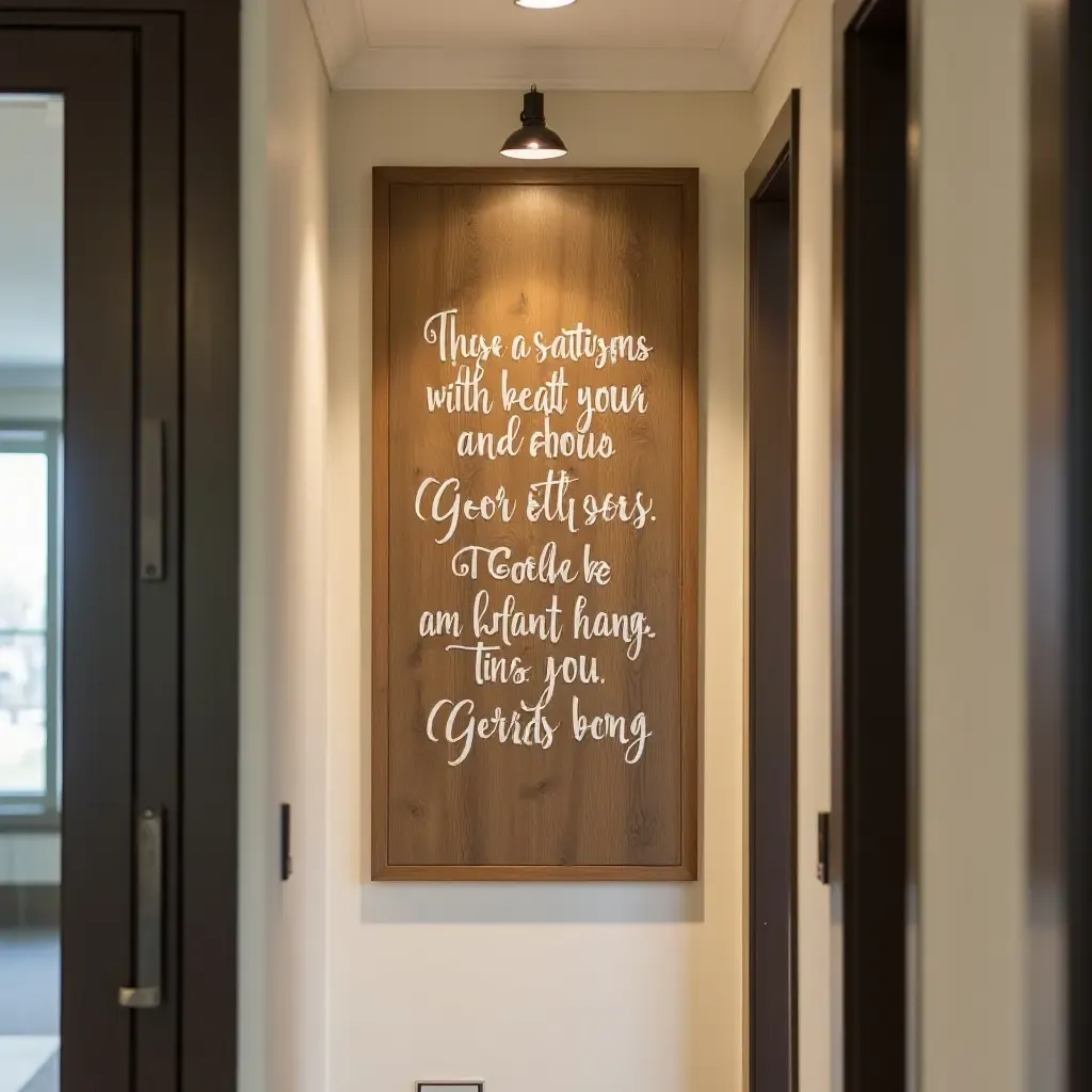 a photo of a rustic wooden sign with inspirational quotes in a corridor