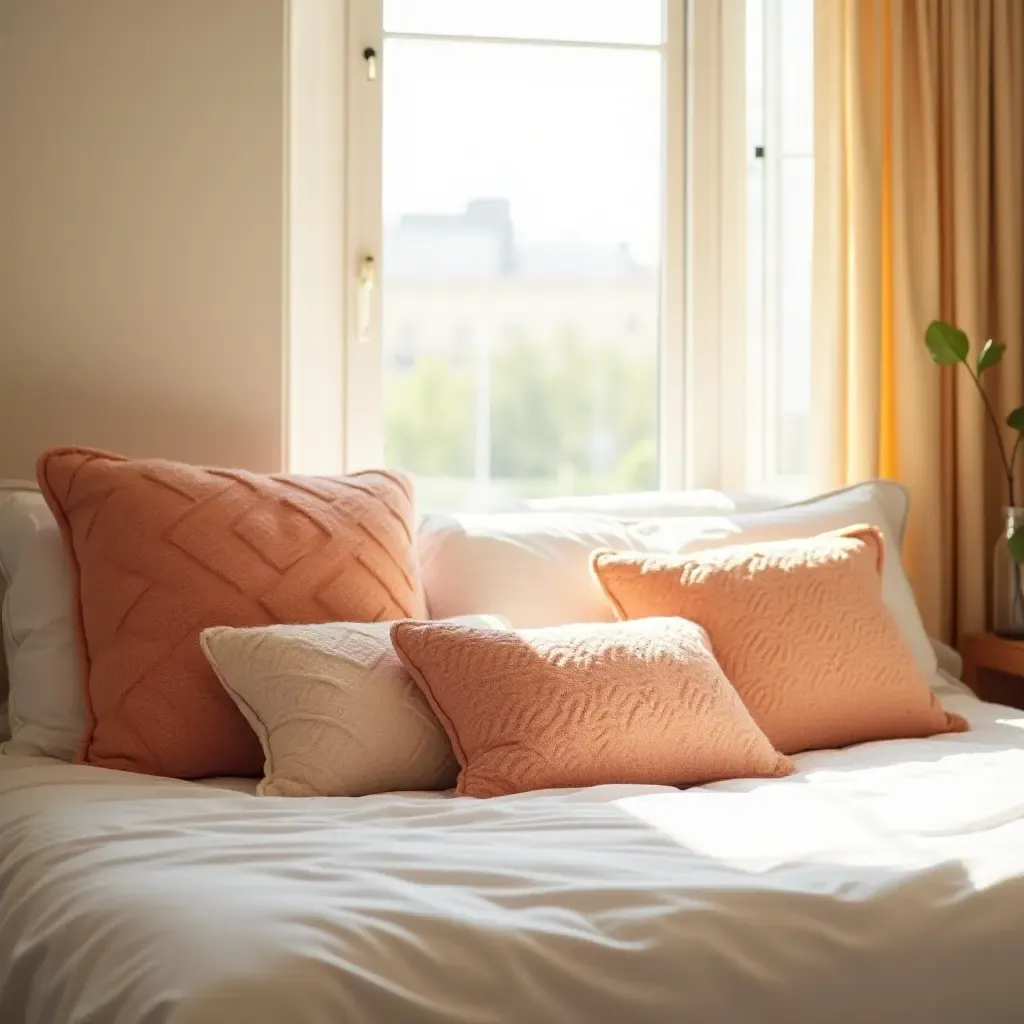 a photo of a sunlit bedroom with bright throw pillows