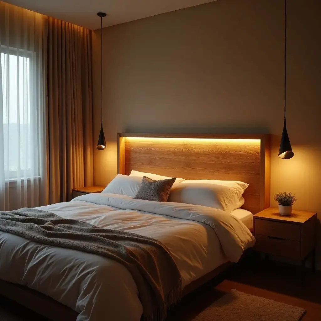 a photo of a wooden headboard with built-in lighting in a teen&#x27;s bedroom