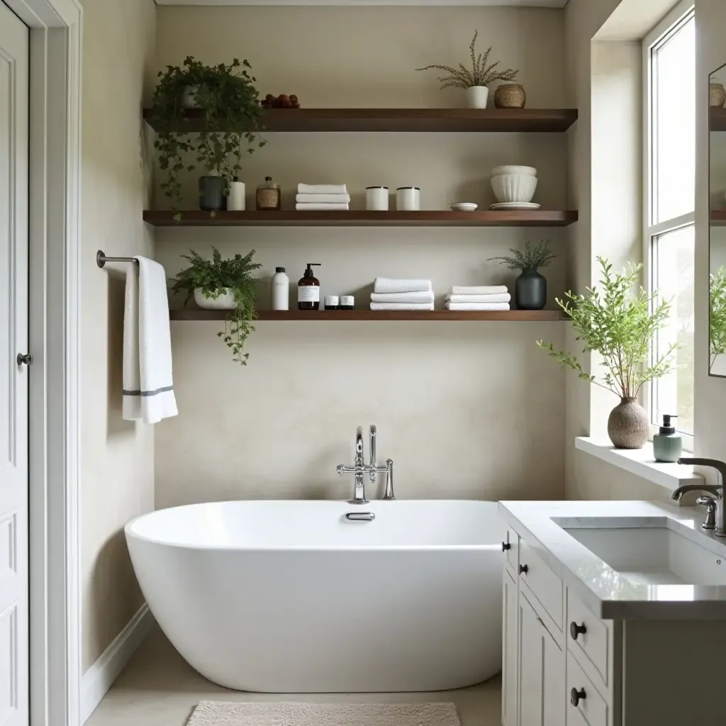 a photo of open shelving in a bathroom with elegant toiletries and greenery