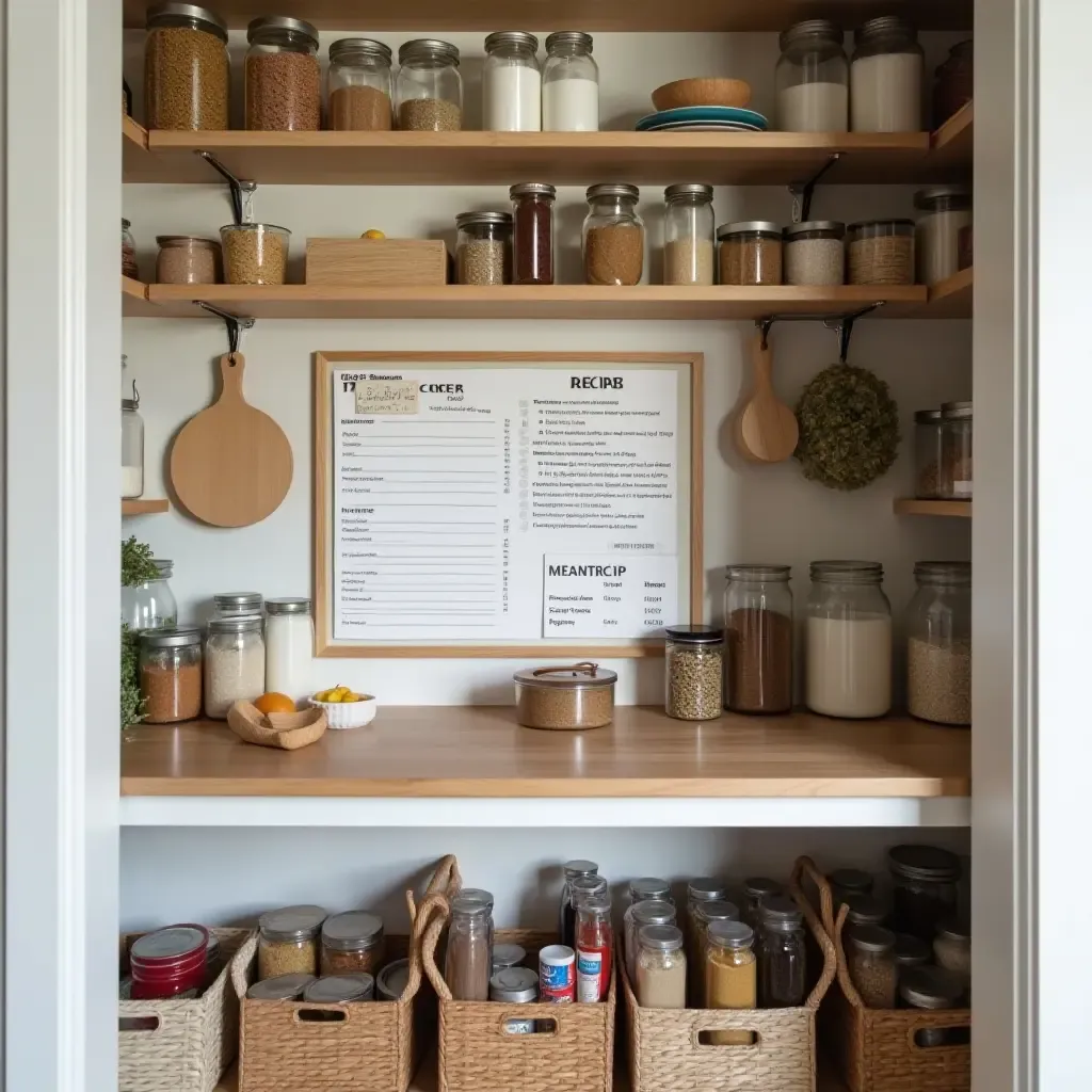 a photo of a pantry featuring a family recipe board and organized ingredients