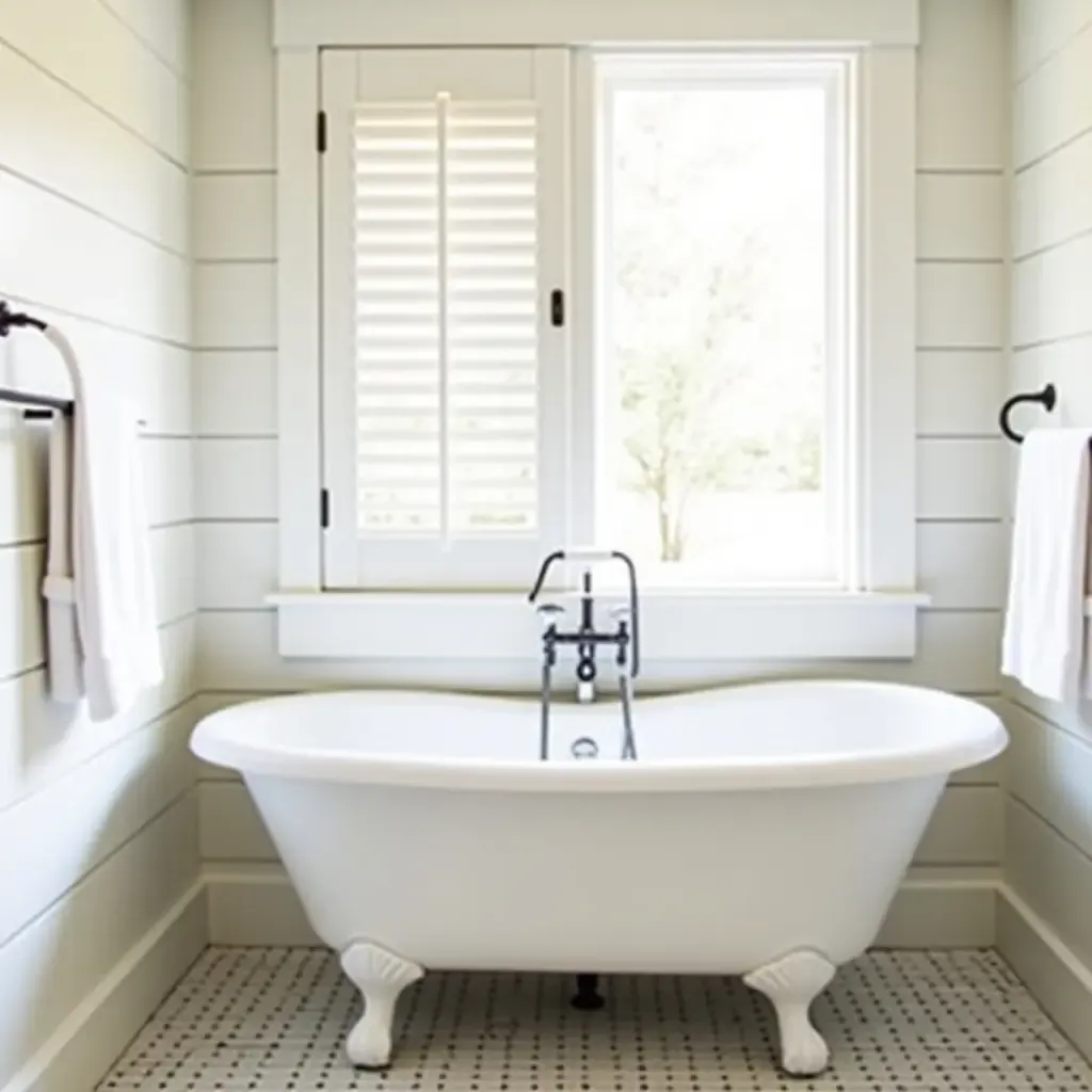 a photo of a cozy bathroom featuring shiplap walls and a clawfoot tub