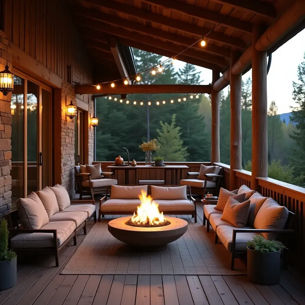 a photo of a rustic balcony with a fire pit and cozy seating area