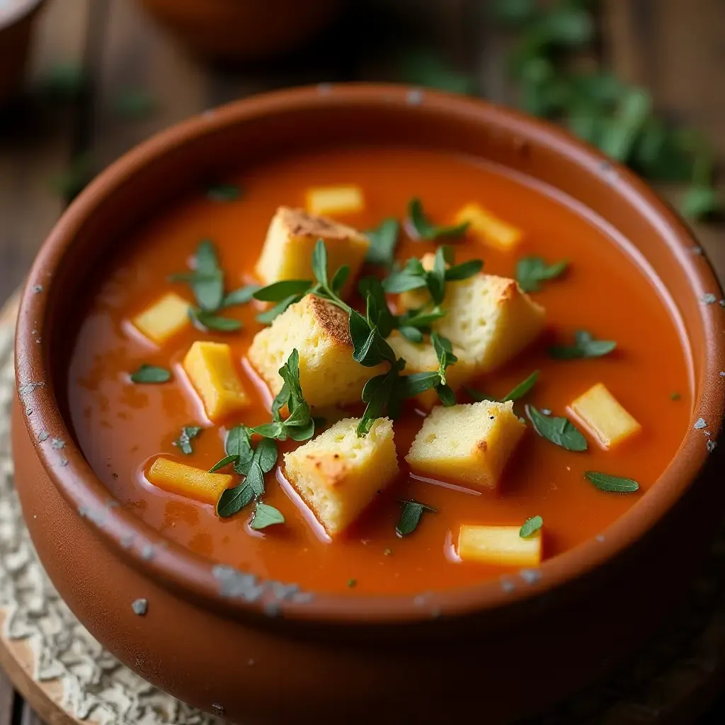 a photo of a traditional Alentejo bread soup served in a rustic clay bowl.