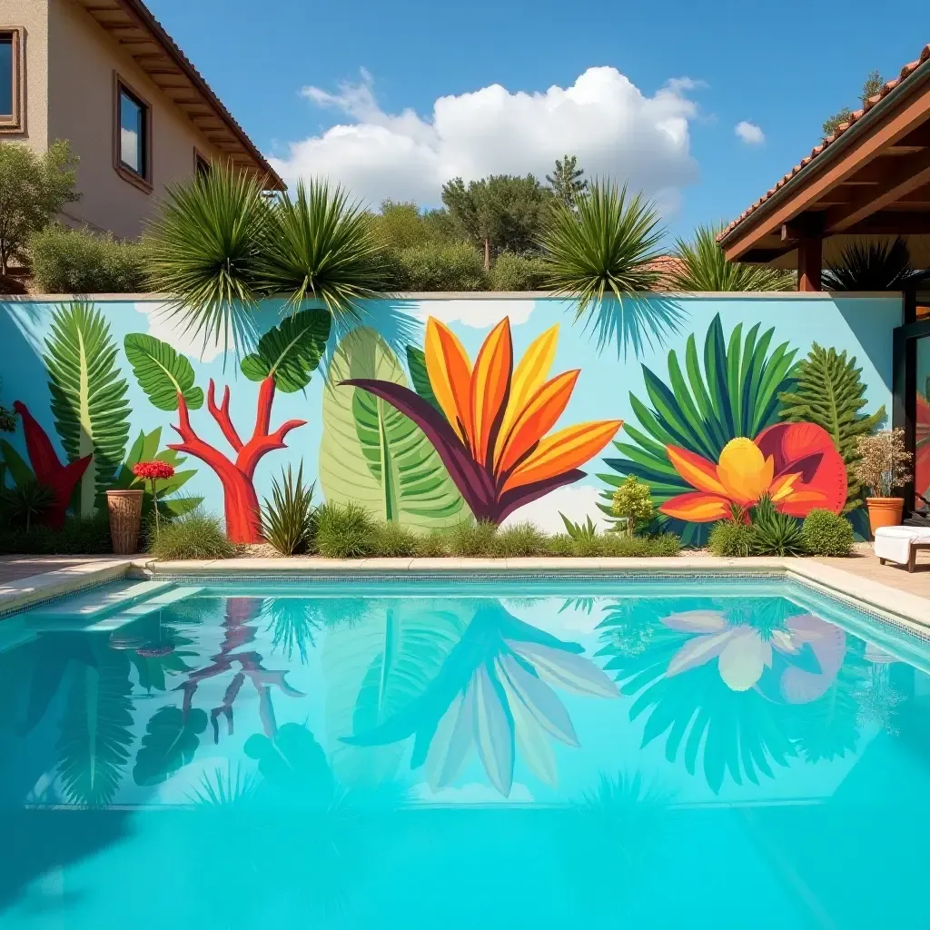 a photo of a colorful plant mural on a poolside wall