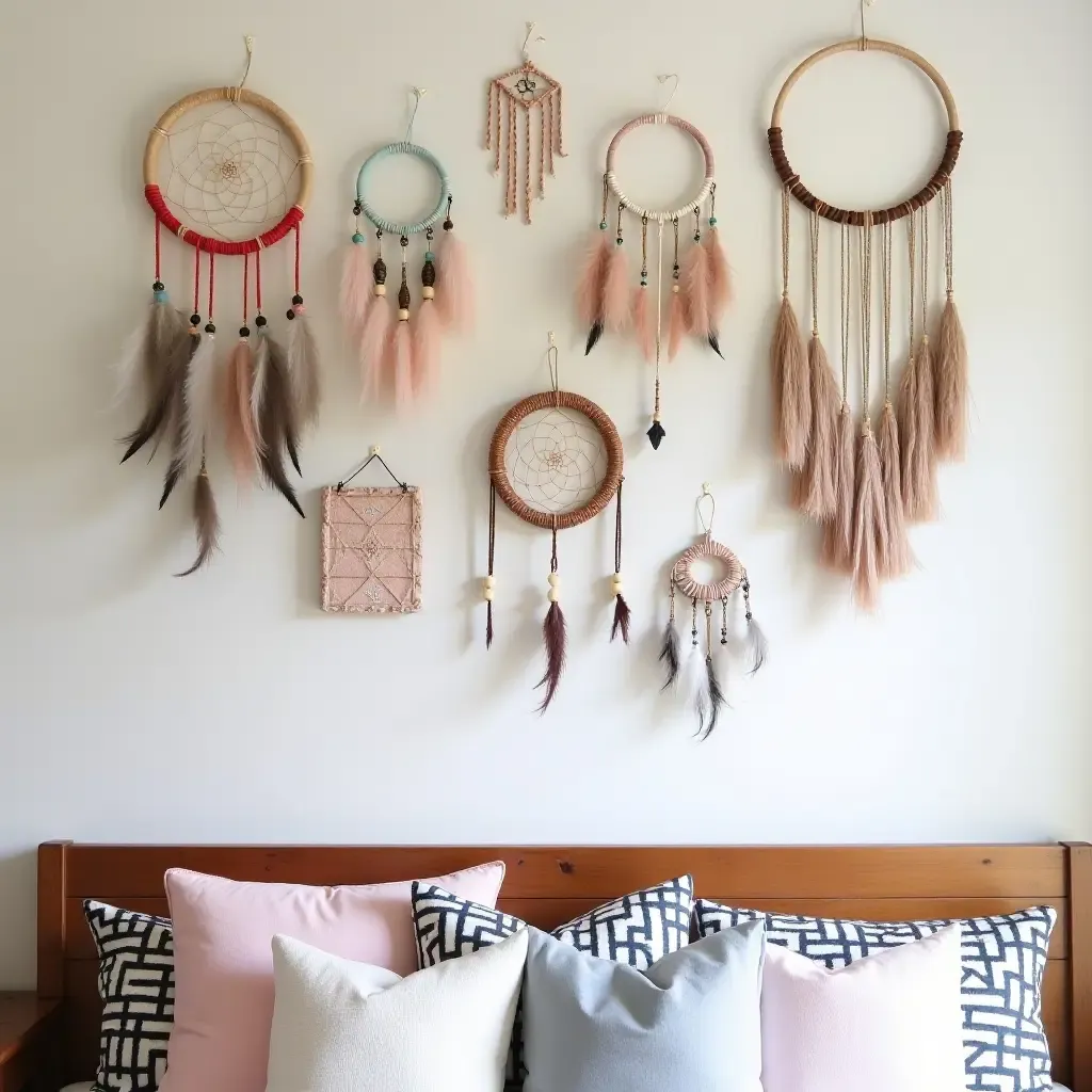 a photo of a dreamcatcher-themed gallery wall with handmade crafts and Native American art in a teen&#x27;s space