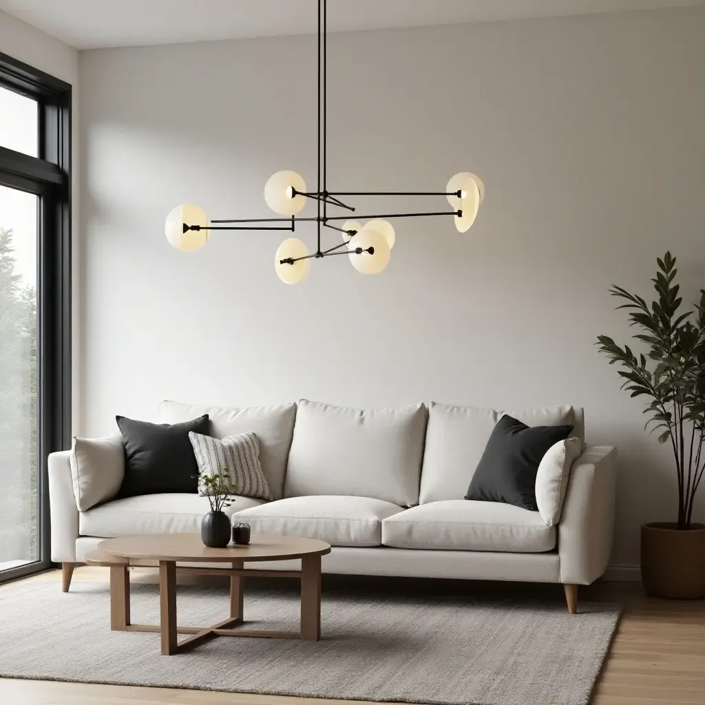 a photo of a modern Scandinavian living room featuring a statement light fixture