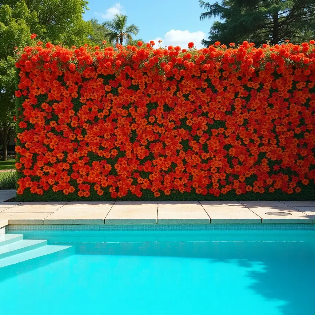 a photo of a bright and cheerful flower wall near the pool