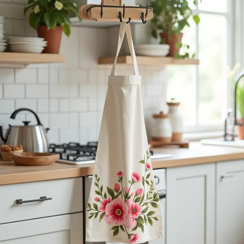 a photo of a charming kitchen with a floral apron hanging on a hook