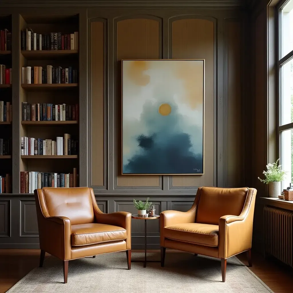 a photo of a trendy library with vintage armchairs and contemporary wall art