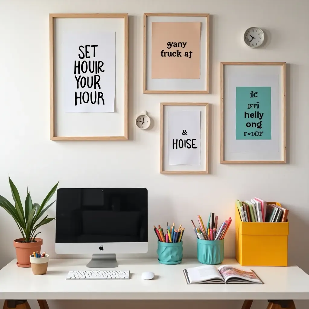 a photo of a stylish workspace with colorful organizers and motivational posters