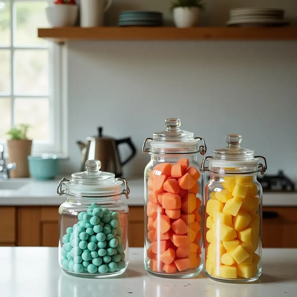 a photo of a kitchen with colorful glass jars for storage